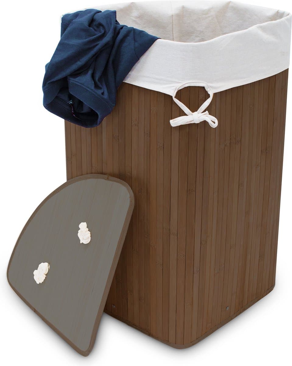 wasmand driehoek - 60 l - opvouwbaar - ruimtebesparend - met katoenen waszak - bruin — afbeelding 1