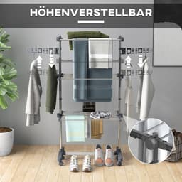 OKWISH Droogtoren Met Wielen – 3 Ebenen Klapbaar – Staal – Grijs – Vrijstaande Droogoplossing Voor Binnengebruik – Hoogteverstelbare Zijstang — thumbnail 3