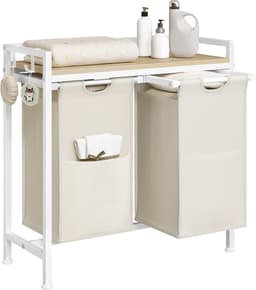 Wasmand met 2 vakken, 40 l/mand, met rek | Waszak van afneembare Oxford-stof, metalen frame, wit + licht eiken — thumbnail 1