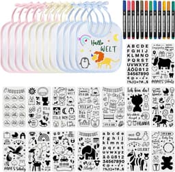 12 stuks slabbetjes voor baby's met 16 tekensjablonen, 12 textielstiften, babyshower, decoratiespel, waterdichte slabbetjes voor baby's, jongens en meisjes, babyborrel — thumbnail 1