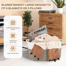 Thijox - Extra grote opbergmand van duurzaam geweven katoenen touw voor wasgoed, woonkamer, slaapkamer, speelgoed, schoenen, handdoeken, wit en kaki, — thumbnail 4