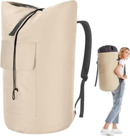 Thijox - Waszak XXL 115 liter - Opvouwbare waszak voor op reis - Kledingtas met 2 gevoerde schouderbanden - Beige - Ideaal voor vakantie, camping en t — thumbnail 1