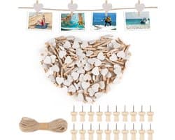 Hartvormige Wasknijpers - Mini Houten Knijpers - Foto's Ophangen - Natuurlijk Hout - 100 Stuks - Wit