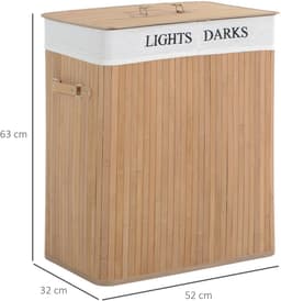 MEUNIQ Wasmand 100L met deksel 52 x 32 x 63 cm, bamboe wasbox met uitneembare canvas waszak, 2 vakken voor wassortering, handgrepen en ventilatiegaten, naturel — thumbnail 3