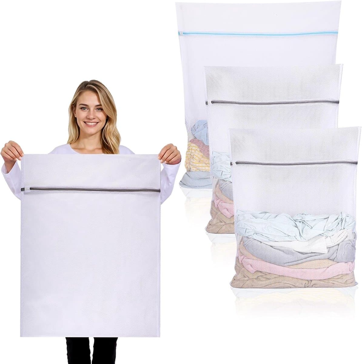 3 stuks wasnet, groot, herbruikbaar, wasnet voor wasmachine, grote waszak, wasmachine met ritssluiting, voor overhemden, truien, mantels, broeken (XL 50 x 60 cm, XXL 60 x 80 cm, XXXL 90 x 110 — afbeelding 1