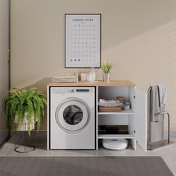 Wasmachinekast - Badkamermeubel Opbouw - Opruimen Badkamer - Ruimte voor Robotstofzuiger - 120 cm breed - Wit Eiken — thumbnail 2