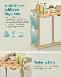 ITRONIQ Wasmand 4 Vakken 200 Liter - Wasmand Met Uittrekbare Waszakken - Bamboe Wasmand Met Plank - Was Sorteerder - Beige — thumbnail 3