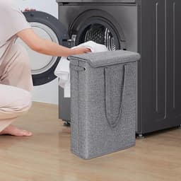 Wasmand met Deksel - Vuilnisbak Organizer - Kleding Opbergen - Verstevigde Bodem - 60 cm Hoog - Grijs — thumbnail 2
