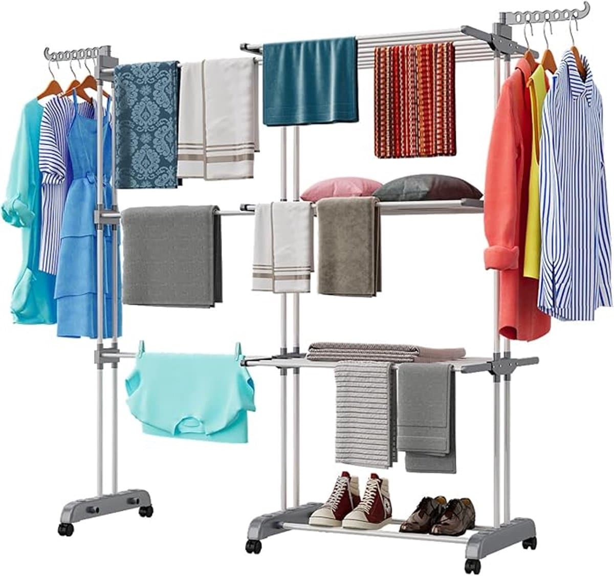 Torendroogrek 3 Etages met 6 Inklapbare Vleugels – Uitschuifbaar Wasrek 66-130 cm – Groot Opvouwbaar Droogrek voor Kleding – Ruimtebesparend & Draagbaar – Voor Binnen, Buiten, Balkon & Grote Gezinnen — afbeelding 1