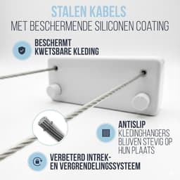 Uittrekbare Waslijn - Wandwaslijn Kabels - Ruimte Besparen - Dubbele Stalen Kabels - 2x 42m - Zilver — thumbnail 3