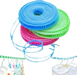 3-delige set - Antislip en winddichte waslijn - Waslijn in hekstijl - Waslijn voor het drogen van dekens - Waslijn voor buiten zonder boren - 8 meter - Roze, lichtgroen, blauw - Uitschuifbaar - Geschikt voor buiten, tuin en camping — thumbnail 1