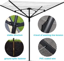 Droogmolen Buiten - Wasrek Tuin - Kleding Drogen - Grote Capaciteit 50m - Voorgemonteerd - Zwart — thumbnail 5