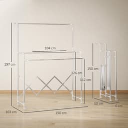 HAUSS SPOLE Droogtoren – Verstelbare Stangen 150 x 103 x 197 cm – Roestvrij Staal – Zilver – Inklapbaar Vrijstaand Droogrek Op Wielen — thumbnail 3