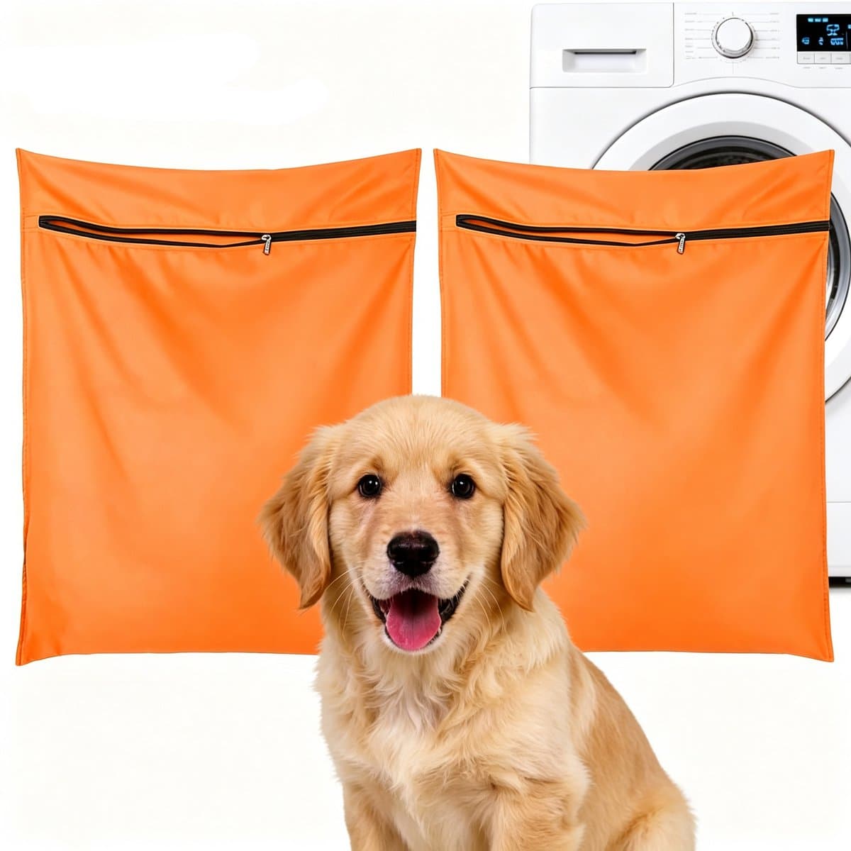 Waszak voor huisdieren- 2 stuks waszakken van twill polyester -Waszak voor huisdieren - Groot, duurzaam met ritssluiting - Sneldrogende waszak voor honden, katten, konijnen en cavia's - Voorkomt verstopping door haar - Oranje - 70x60 cm — afbeelding 1