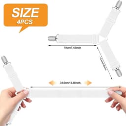 Bevestigingsbanden voor hoeslakens, 4-delige witte set, verstelbare elastische banden met metalen clips, geschikt voor lakens, matrashoezen en bankkussens. — thumbnail 3