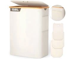 Wasmand - 158L - Wasmand 3 Vakken - Wasmand met Deksel - Beige - 57cm x 37cm x 75cm
