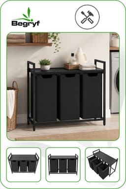 Begryf - Wasmand - metaal/stof - 3 vakken - 114 liter - 92,5 x 33 x 71 cm — thumbnail 2