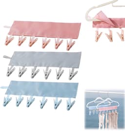 3 Stuks - Wasknijpers - Waslijndraad - Waslijn met 6 Knijpers - Ruimtebesparende Kledinghanger met 6 Clips – 34cm - Roze + Grijs + Blauw - Reis Waslijn voor Sokken, Ondergoed en Kleine Kleding – Binnen & Buiten — thumbnail 1
