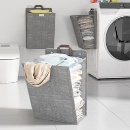 REDOM Wasmand 35 x 9,5 x 48 cm – Hangend en Opvouwbaar – Ruimtebesparend met 2 Zelfklevende Haken – Voor Badkamer, Slaapkamer en Wasruimte – Katoen-Linnen – Grijs — thumbnail 3
