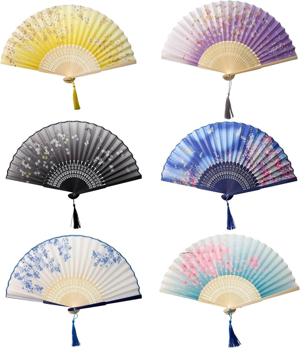 6 stuks bamboe handwaaiers, bruiloftswaaiers, opvouwbare dameswaaiers met kwastjes en zakjes, Chinese waaiers, gastgeschenk voor wanddecoratie, bruiloft, zomerfeest — afbeelding 1
