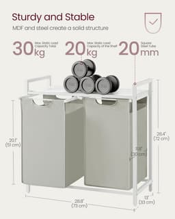 Wasmand, wasmand met 2 vakken, uittrekbare en verwijderbare voerzakken, kledingsorteerder, plank, metalen frame, 2 x 46 l, 73 x 33 x 72 cm, crèmewit en matwit BLH201W01 — thumbnail 3