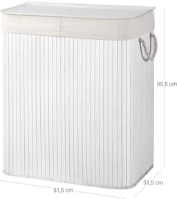 Wasmand met twee vakken Sorteermand 51,5 x 31,5 x 60,5 cm wit 100L grote capaciteit met deksel afneembare katoenen binnenzak en katoenen handgrepen Voor het sorteren van lichte en donkere kleding Geschikt voor wasruimte en slaapkamer — thumbnail 2