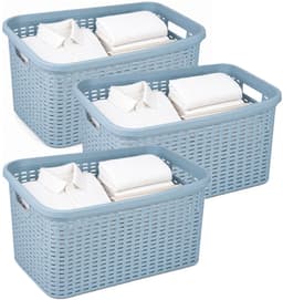 Plasticforte Wasmand - 3x - 35 liter - rotan - blauw - kunststof - 53 x 36 x 26 cm - draagmand - met handvatten - lichtgewicht — thumbnail 1