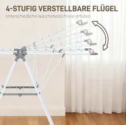 Droogrek Inklapbaar 1,565 M Drooglengte Met 2 Niveaus Verstelbare Vleugels Metaal Wit Voor Kleding En Broeken 15 Kg Draagvermogen — thumbnail 3
