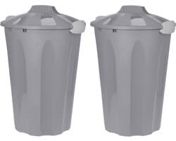 2x stuks kunststof wasmanden met deksel rond grijs 40 liter - Wasmanden/wasgoedmanden - Huishouden