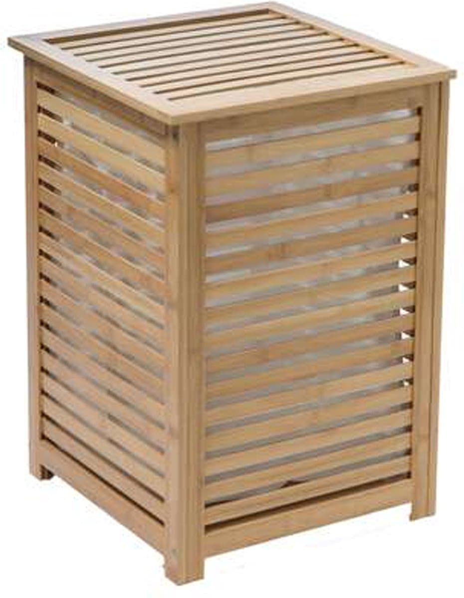 5Five Wasmand Bamboe hout - Met waszak - 65 liter - 40 x 38 x 58 cm - lichtbruin - met deksel — afbeelding 1