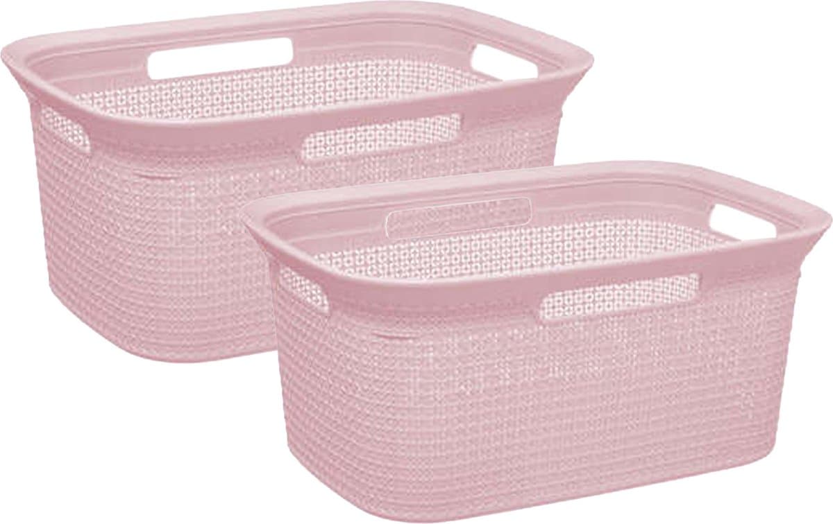 Wasmand van rotan gevlochten - 2x - lichtroze - kunststof - 45 liter - 59 x 41 x 27 cm — afbeelding 1
