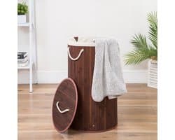 Grote Ronde Bamboe Wasmand met deksel - 80 L - Wasmand 1 Vak met stoffen waszak - Opvouwbaar - Wassorteerder Rond — afbeelding 1