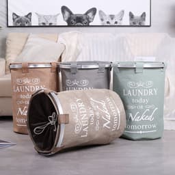 Ronde Wasmand met deksel - 50 L- Tekst LAUNDRY TODAY OR NAKED TOMORROW - Badkamer wasmand afsluitbaar - Waszak - Grijs — thumbnail 2