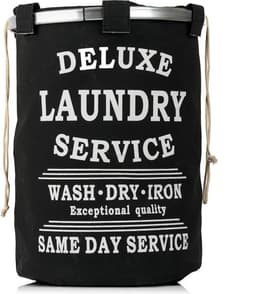 Wasmand 50L - Rond - Tekst Deluxe Laundry Service -> Same Day Service- Badkamer - Wasmand afsluitbaar - Waszak - Zwart — thumbnail 1