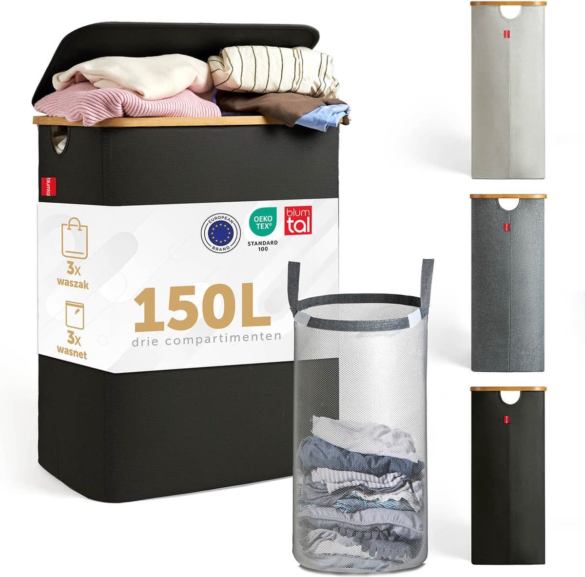 Blumtal Wasmand 150L - Wasmand met 3 uitneembare waszakkken - Wasmand met 3 vakken - Smalle wasmand - Flesverzamelaar - Wasmand met deksel - Zwart — afbeelding 1