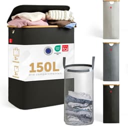 Blumtal Wasmand 150L - Wasmand met 3 uitneembare waszakkken - Wasmand met 3 vakken - Smalle wasmand - Flesverzamelaar - Wasmand met deksel - Zwart — thumbnail 1