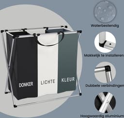 Wasmand 3 Vakken 90L - Opvouwbare Wassorteerder met NL opdruk - Aluminium Frame wasmanden — thumbnail 2
