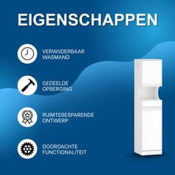 Badkamerkast – Voor Badkamer – Hoge Kast met Wasmand, Vouwbare Waszak, Deur en Lade – Wit — thumbnail 5