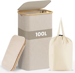 Nolad - Wasmand - Wasmand met deksel - Uitneembare waszak - Opvouwbaar - 100L - Beige — thumbnail 1