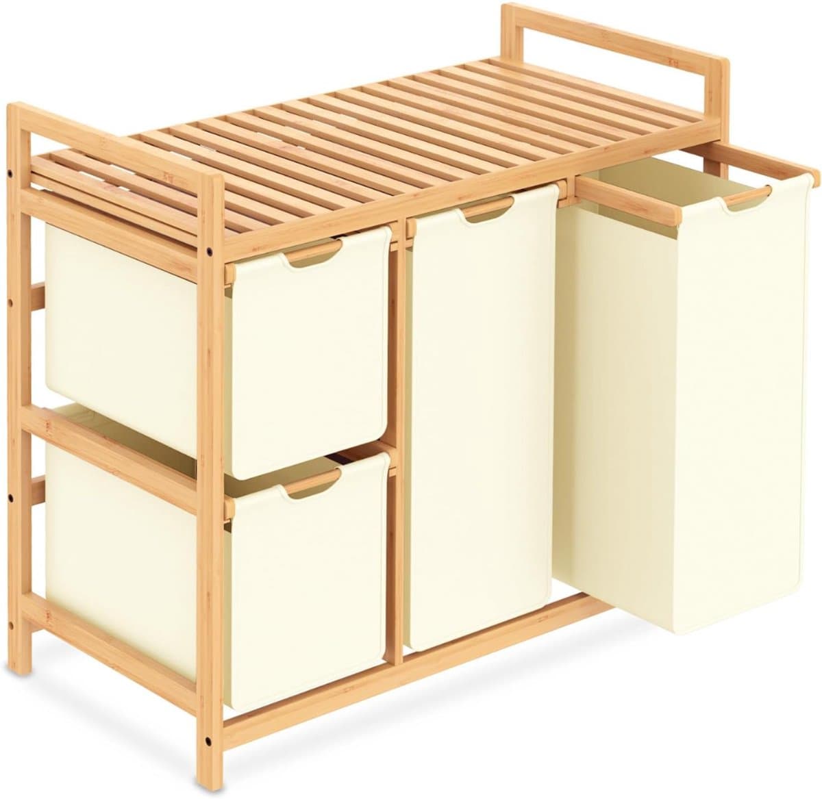 REN® Wasmand 3 Vakken - Wasmand - Wassorteerder - Wasmand Met Deksel - Beige - 42cm x 81cm x 77cm — afbeelding 1