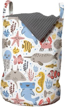 ABAKUHAUS onderwaterwaszak, doodle zeedierenmotief, wasmand met handgrepen, trekkoordje voor wasserettes, witte meerkleurige wasmand — thumbnail 1