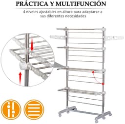 Scaleunion Opvouwbaar Droogrek met 4 Niveaus – Verrijdbaar Wasrek met 6 Wielen – RVS Droogtoren met Verstelbare Planken – 80-142 x 55 x 172 cm — thumbnail 4