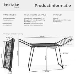 tectake® Droogrek - Wasrek - 18 Meter Drooglengte - Inklapbaar - Staand - Droogrekken met 2 Houders voor Kleine Was - Hoge Zijvleugels voor Lange Kleding - Zwart — thumbnail 3