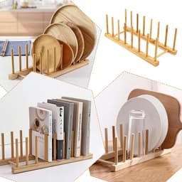 Bamboe Afwasrek voor Keuken, Organisator voor Borden en Bestek, Droogrek voor Servies, Ideaal voor Potten, Pannen en Snijplanken, Bruin Hout, Set van 4 — thumbnail 4