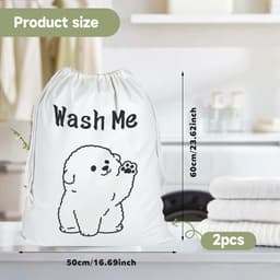 JHUBERS- Waszak 50 x 60 cm - Waszakken 2 stuks - Waszak met hondenontwerp - Opbergzakken voor wasgoed - Katoenen waszakken - Duurzaam en robuust - Wasmand — thumbnail 3
