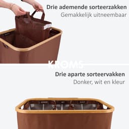 KROMS Wasmand 3 vakken - Bruin - 160L - Extra groot model - Inclusief NL & ENG Labels – Wassorteerder bamboe - Laundry basket - Wasmand met deksel - Opvouwbaar — thumbnail 4