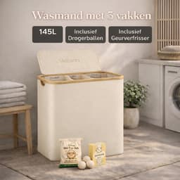 Vellano Wasmand 3 Vakken – Wassorteerder met Deksel – 145L – 3 Uitneembare Waszakken – Bamboe Frame – Incl. Drogerballen & Jasmijn Geurverfrisser — thumbnail 5