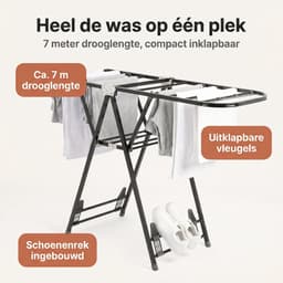 Cheqo® Wasrek - Droogrek - Inklapbaar - Staand - Zwart - Metaal - Opvouwbaar - Ruimtebesparend - met Vleugels en Schoenenhouder - Kledingrek - Wasdroger - Kledingdroger - voor Binnen en Buiten - Balkon - Studentenkamer - Slaapkamer — thumbnail 5