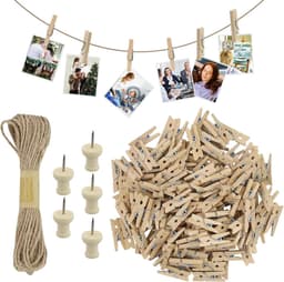 Dailygoods- Knijpers Mini 150 Stuks - Houten Knijpers - Decoratieve Klemmen - Henneptouw - I-vormige Spijkers - Lichtgewicht 100 g — thumbnail 1