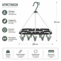 HEM Washanger Groen met 18 Knijpers – Opvouwbaar Droogrek – Ondergoedhanger – Sokhanger – Camping Wasrek – 24x31 cm – Inclusief HEM Microvezeldoekje — thumbnail 2
